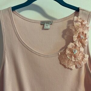 Lapis Tan Embellished Tank Top with Floral Accent